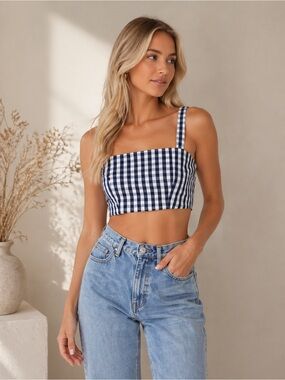 WAYF Carlotta Gingham Crop Top, Size M Navy/White